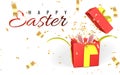 Happy Easter day background with confetti and open red gift box with yellow ribbon isolated on green background. Vector Royalty Free Stock Photo