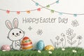Happy Easter day banner by calligraphy lettering continuous single line and couple easter bunny egg - generated by ai copia Royalty Free Stock Photo