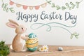 Happy Easter day banner by lettering continuous single line and couple easter bunny egg - generated by ai copia Royalty Free Stock Photo