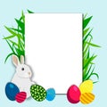 Happy Easter day.Easter banner or poster template with Easter eggs and white rabbit on a light blue background.vector.Illustration Royalty Free Stock Photo