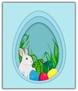 Happy Easter day.Easter banner or poster template with Easter eggs and white rabbit on a light blue background.vector.Illustration Royalty Free Stock Photo
