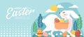 Happy easter day - A big white rabbit carries a basket with Easter eggs and Easter eggs on the ground vector design Royalty Free Stock Photo