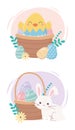 Happy easter day, bunny chicken basket eggs flowers cartoon Royalty Free Stock Photo