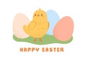 Happy Easter Day, card design with cute funny chicken and colored dyed eggs. Spring holiday postcard with baby bird