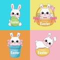 Happy Easter Day Card Template with Set of cute rabbits. Cute Bunny holding Easter eggs, sitting in Easter eggs basket vector Royalty Free Stock Photo