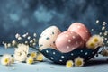 Happy easter day celebration concept, Colorful Easter eggs and flowers background. Royalty Free Stock Photo