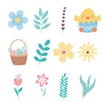 Happy easter day chicken eggshell flowers basket icons