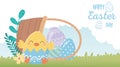 Happy easter day, chicken eggshell flowers eggs in basket grass