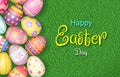 Happy Easter Day colorful egg on grass background top view with copy space Royalty Free Stock Photo