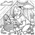 Happy Easter Day coloring page. Vector illustration of a little girl holding a basket with Easter eggs outdoors on a spring Royalty Free Stock Photo