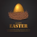 Happy Easter day with 3D realistic shiny decorative egg with bird nest on the black background Royalty Free Stock Photo