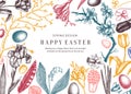 Happy Easter Day design. Spring banner, greeting card or invitation with trendy floral elements. Hand drawn spring illustrations. Royalty Free Stock Photo