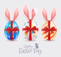 Happy easter day easter eggs colorful different and patterns texture  and rabbit ears with red ribbon. Vector illustrations Royalty Free Stock Photo