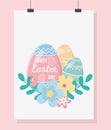 Happy easter day, card painted eggs flowers foliage