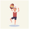 Happy Easter Day.happy Little boy with bunny ears holding Easter egg. I found easter egg, Flat style vector illustration Royalty Free Stock Photo