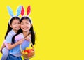 Happy Easter day. Kid with colorful eggs toy on yellow background. Happy and fun for celebrate on April Royalty Free Stock Photo