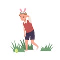 Happy Easter Day. Little boy with bunny ears is finding ,hunting an easter egg. Flat style vector illustration Royalty Free Stock Photo