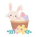 Happy easter day, rabbit in basket painted egg flowers decoration