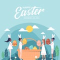 Happy easter day - rabbit boy, rabbit girl are collecting easter eggs in a large basket vector design