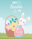 Happy easter day, rabbit with lettering painted egg flowers in basket decoration Royalty Free Stock Photo