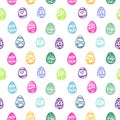 Happy Easter day seamless pattern. Vector colorfull ornamental eggs on white background. Decorative hand drawn backdrop, cartoon