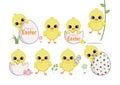 Happy Easter Day with Set of cute chicks. Funny yellow chicken in cracked eggs and eggs shell, cartoon characters