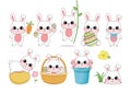 Happy Easter Day with Set of cute rabbits. Cute Bunny holding Easter eggs, sitting in Easter eggs basket vector Royalty Free Stock Photo