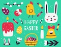 Happy Easter day. Set of simple freehand Easter design elements. Cute characters, clipart, symbols of Easter. Bunny