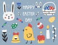 Happy Easter day. Set of simple minimal Easter design elements, childish style. Cute characters, clipart, Easter symbols