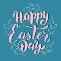 Happy Easter day typography postcard. Handwritten lettering font design. Greeting spring easter holiday card. Poster, wreath,
