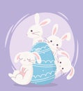 Happy easter day, white rabbits decorative blue egg cartoon