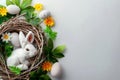 Happy easter Dazzling Eggs Witnesses Basket. White bunny pajamas Bunny easter ribbon flower. dazzling background wallpaper Royalty Free Stock Photo