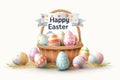 Happy easter Decorated egg Eggs Uplift Basket. White natural Bunny easter table runners. primroses background wallpaper Royalty Free Stock Photo