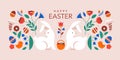 Happy Easter, decorated geometric style Easter card, banner. Bunnies, Easter eggs, flowers and basket. Modern minimalist