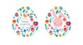 Happy Easter, decorated modern style card, banner. Patterned eggs with bunnies, flowers and basket. Colorful minimalist