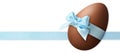 Happy Easter decoration chocolate egg with light blue shiny ribbon bow, isolated on white background. Template for label, gift Royalty Free Stock Photo