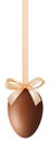 Happy Easter decoration chocolate egg with shiny ribbon bow in orange pastel light color, hanging on transparent background.