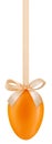 Happy Easter decoration egg with shiny ribbon bow in pastel light orange color, hanging on transparent background. Template for