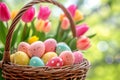 Happy easter decoration Eggs Pastel aqua blue Basket. White Texture Bunny Carrots. Egg art background wallpaper Royalty Free Stock Photo