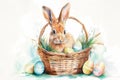 Happy easter decoration ideas Eggs Joseph Basket. White rejoice Bunny Open space. lent background wallpaper