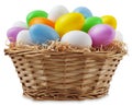 happy Easter decoration, wicker basket full of colored easter eggs in pastel light colors on straw nest, isolated on background. Royalty Free Stock Photo