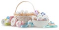 Happy Easter decorations, basket eggs with light pastel colored bright ribbons bows and string, isolated on white background,