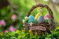 Happy easter easter decorations Eggs Easter festoonery Basket. White Chrysanthemum Bunny Pastel colors. Eggstravaganza background Royalty Free Stock Photo