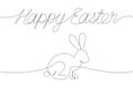 Happy Easter decorations with one line inscription and rabbit. Continuous line drawing lettering and bunny for Easter holyday.
