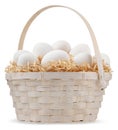 Happy Easter decorations, wicker basket full of white eggs on straw nest isolated on white background, template for label, gift Royalty Free Stock Photo