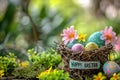 Happy easter decorative accents Eggs Easter family Basket. White watercolor Bunny Easter festiveness. Easter ornament background Royalty Free Stock Photo