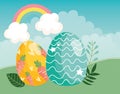 Happy easter decorative eggs with carrots and lines in grass rainbow Royalty Free Stock Photo