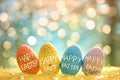 Happy easter decorative lamps Eggs Easter celebration Basket. White red magnolia Bunny Clear field. Easter egg garland background Royalty Free Stock Photo