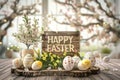 Happy easter decorative wall decals Eggs Spring flowers Basket. White Parade Bunny Springtime friend Easter egg competition Royalty Free Stock Photo