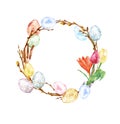 Happy Easter decorative wreath with colored eggs,spring flowers, pussy willow twigs and tree branches, isolated on white backgroun